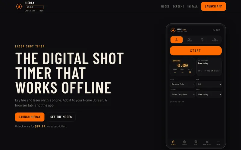 Hierax laser shot timer landing page screenshot