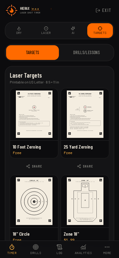 Printable laser targets, including zeroing sheets.