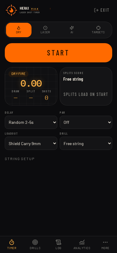 Hierax timer on the phone, dry fire mode, ready at 0.00.